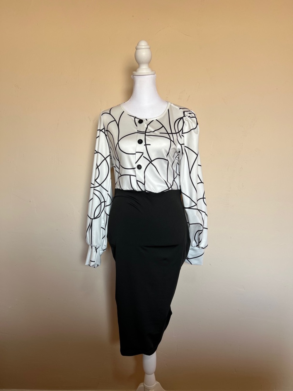 White Abstract Print Black Dress
